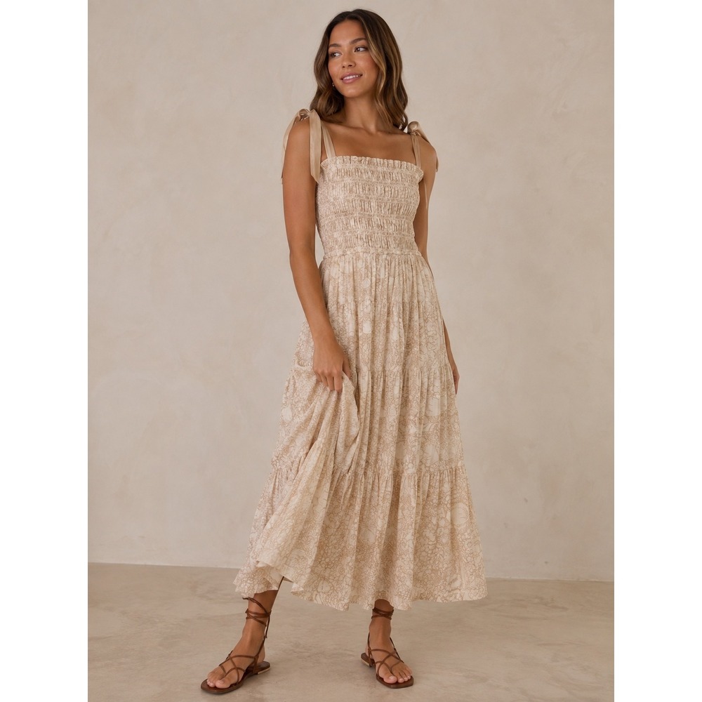 En Saison Geraldine Smocked Maxi Dress Cream Cottagecore S